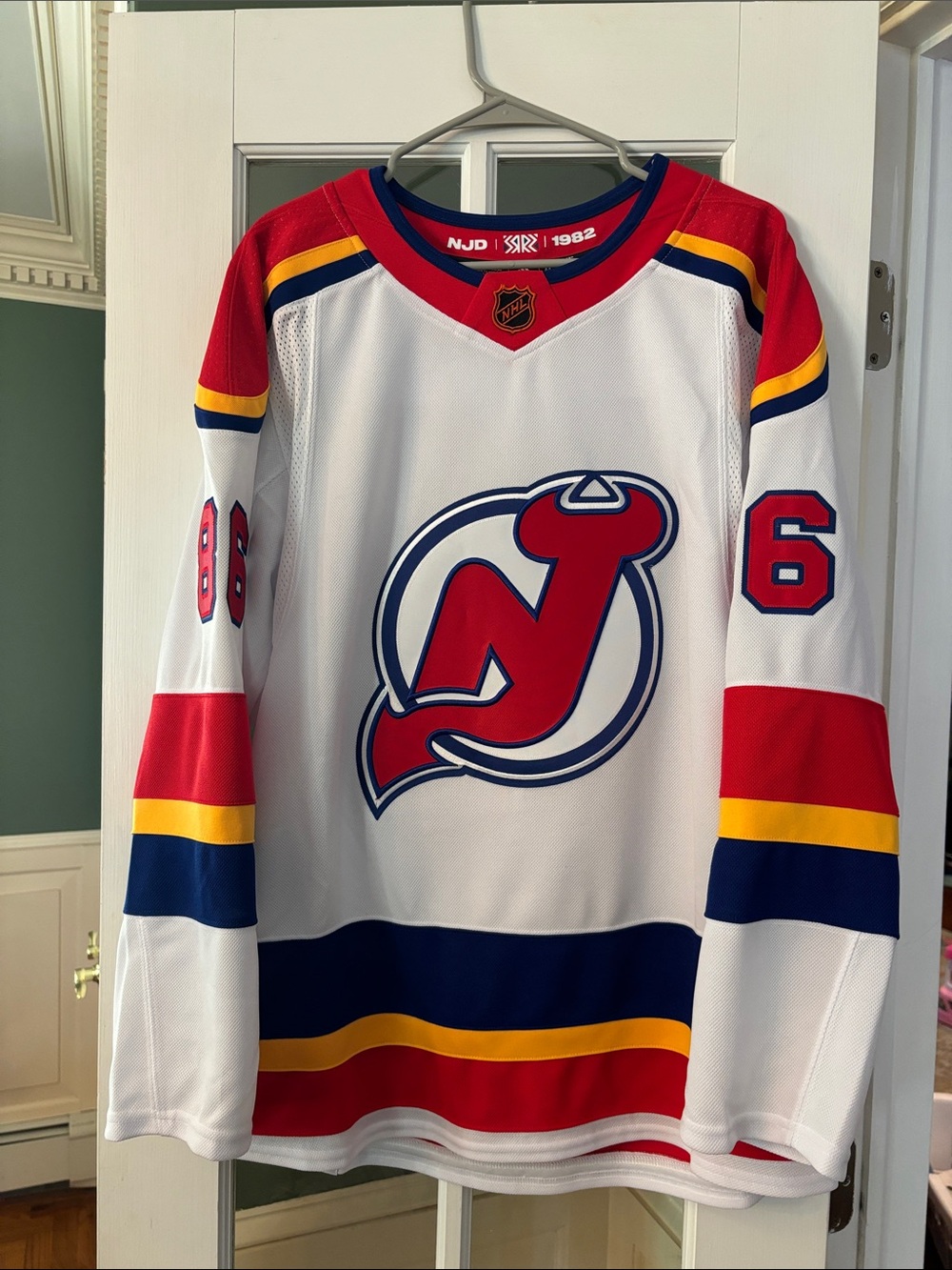 adidas White Red Blue Yellow Hughes #86 Hockey Jersey